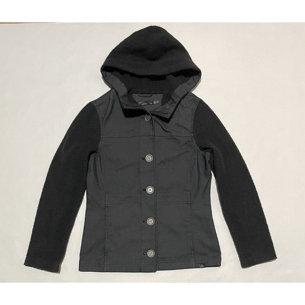 Prana Toni Denim Sherpa‎ Hooded Jacket Womens Size XS Hoodie Black Button Up